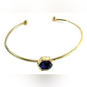 Brass Tone Bangle Bracelet W/Blue Drusy Quartz Stone Adjustable